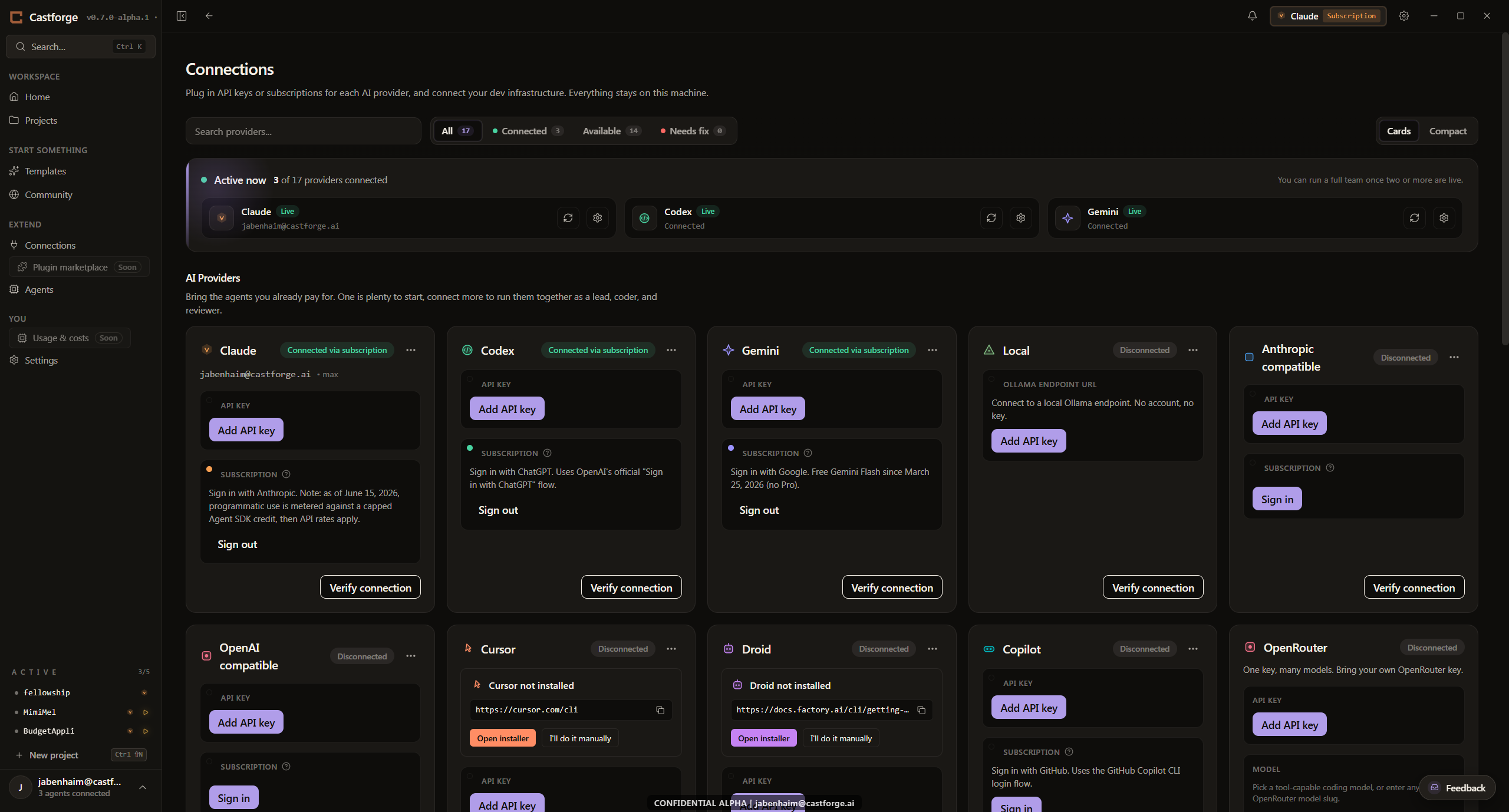 The Castforge Connections screen: Claude, Codex, and Gemini connected via subscription, with GitHub, Vercel, Supabase, Cloudflare, and Stripe available as dev infrastructure.