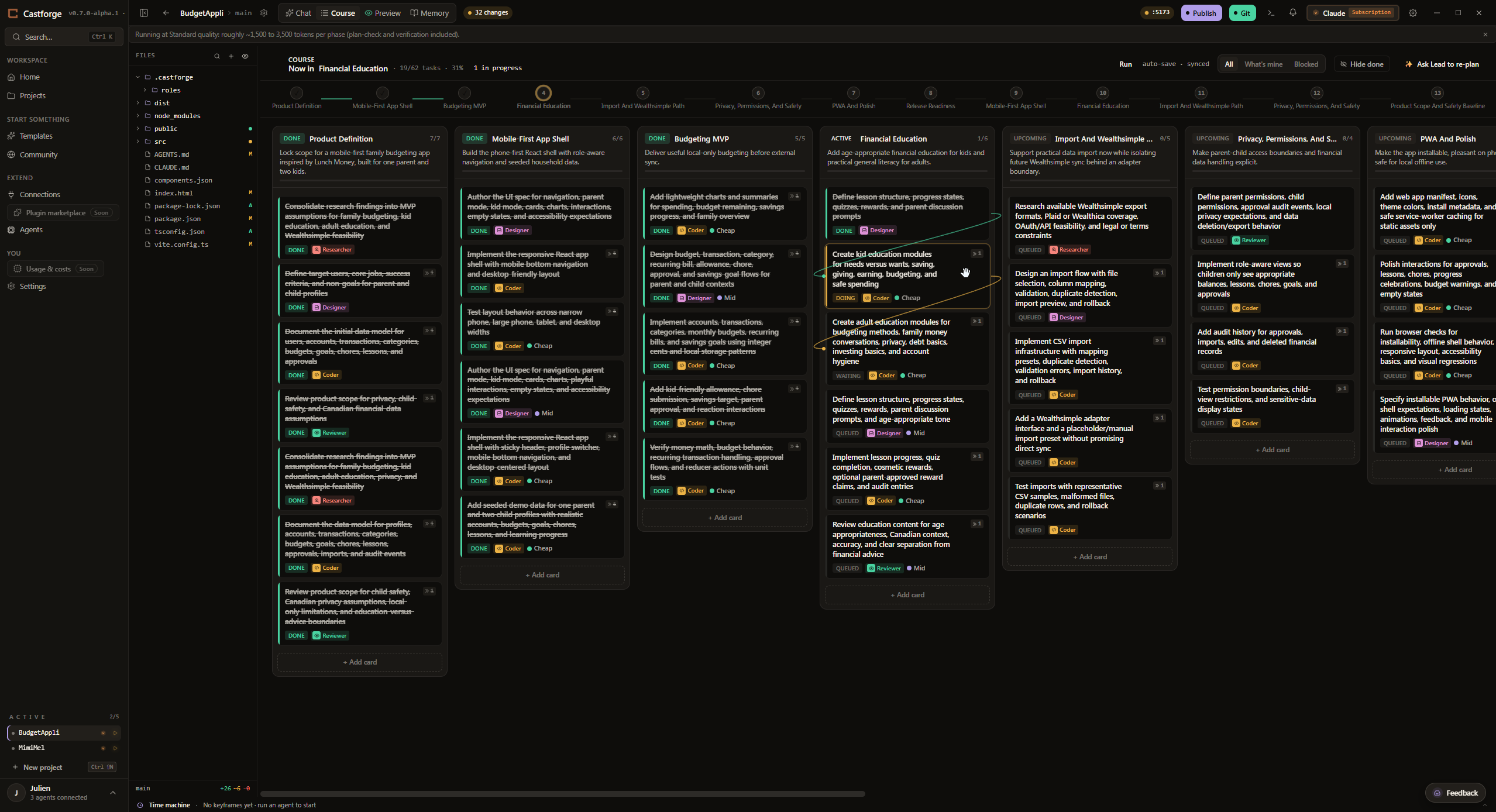 The Castforge Course board: phases laid out as columns with task cards tagged by role, one card marked as doing.