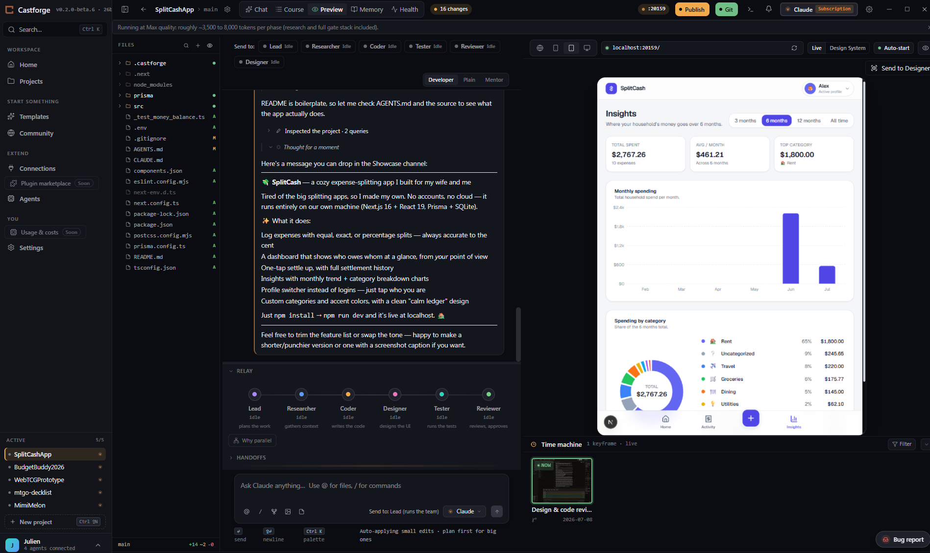 The Castforge workspace: a role lane with Lead, Researcher, Coder, Tester, Reviewer, and Designer handing off live, next to a live preview of the app being built.