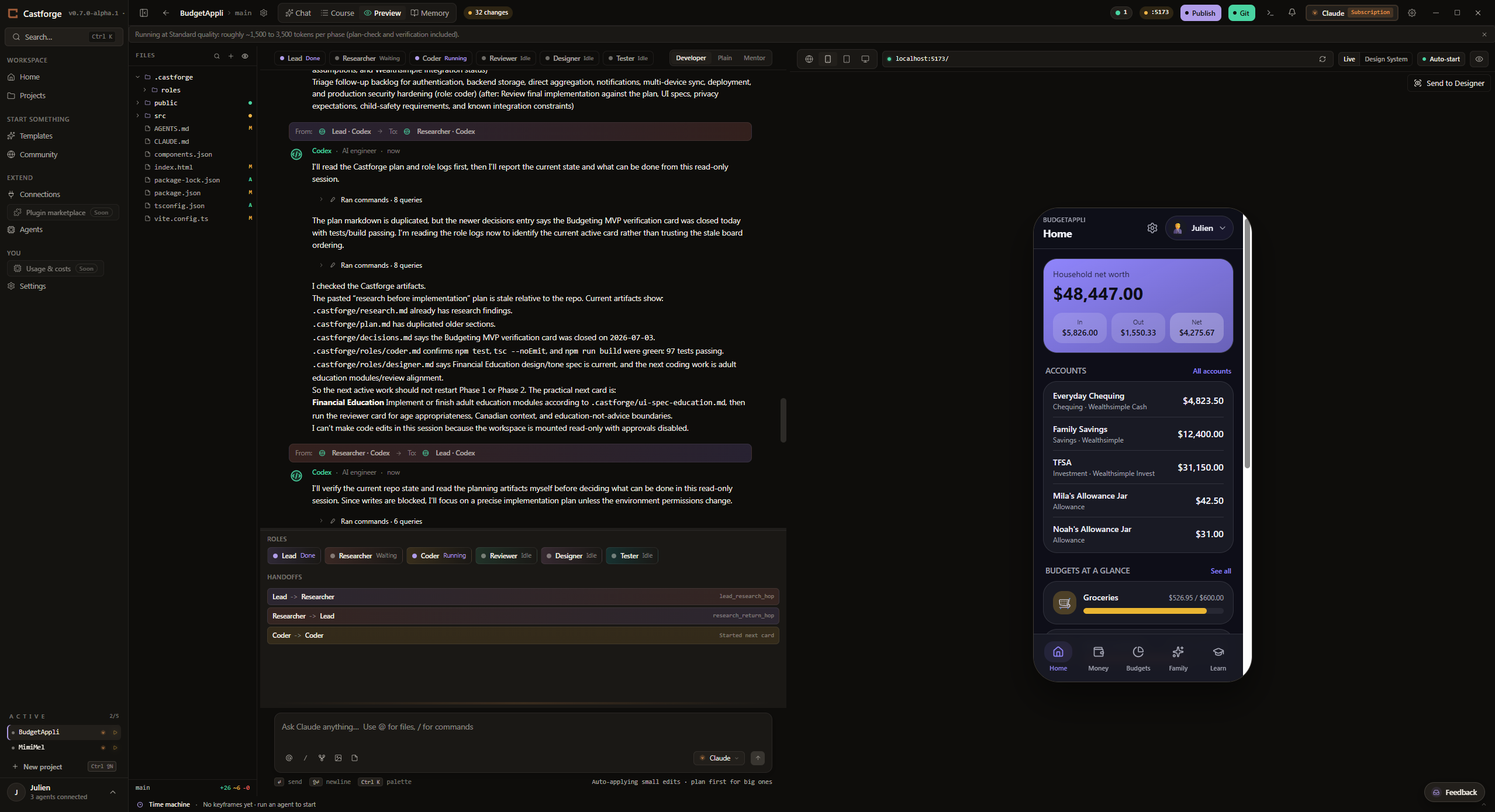 The Castforge workspace: a role lane with Lead, Researcher, Coder, Tester, Reviewer, and Designer handing off live, next to a live preview of the app being built.