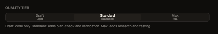 The Castforge quality tier control: Draft (light), Standard (balanced), and Max (full). Draft is code only, Standard adds plan-check and verification, and Max adds research and testing.